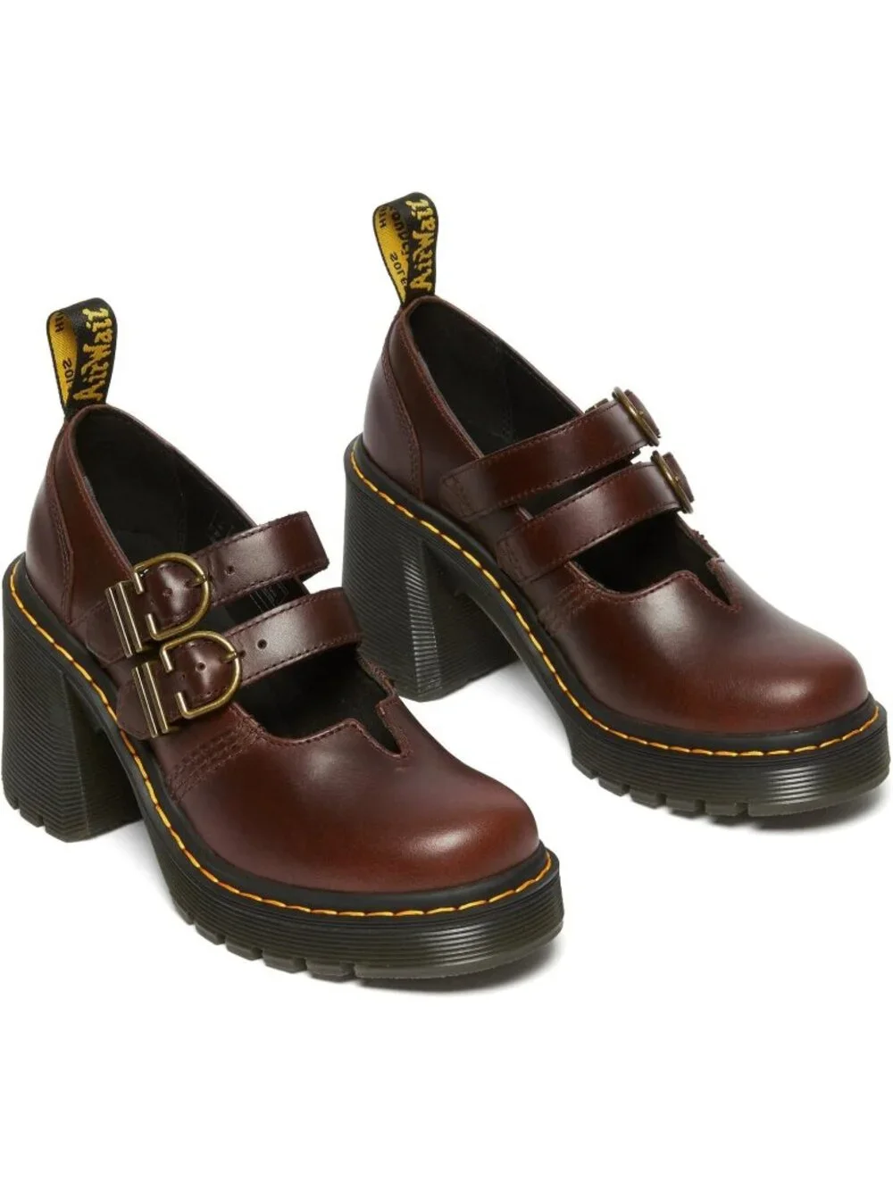 Womens Dark Brown Leather Dr. Martens Eviee Mary Jane Leather Heeled Shoe Pullup